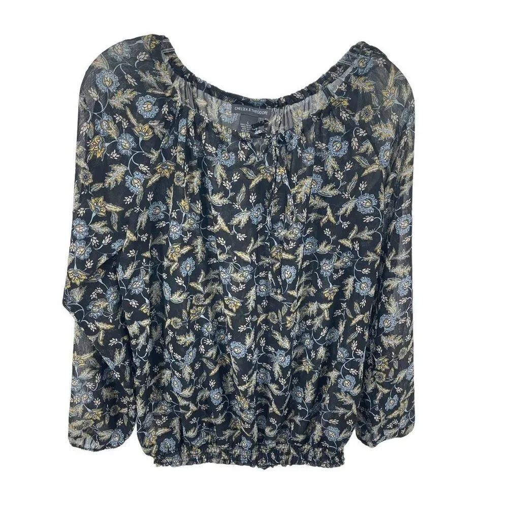 Chelsea & Theodore Womens Blouse Top Long Sleeve Off Shoulder Floral Black Large